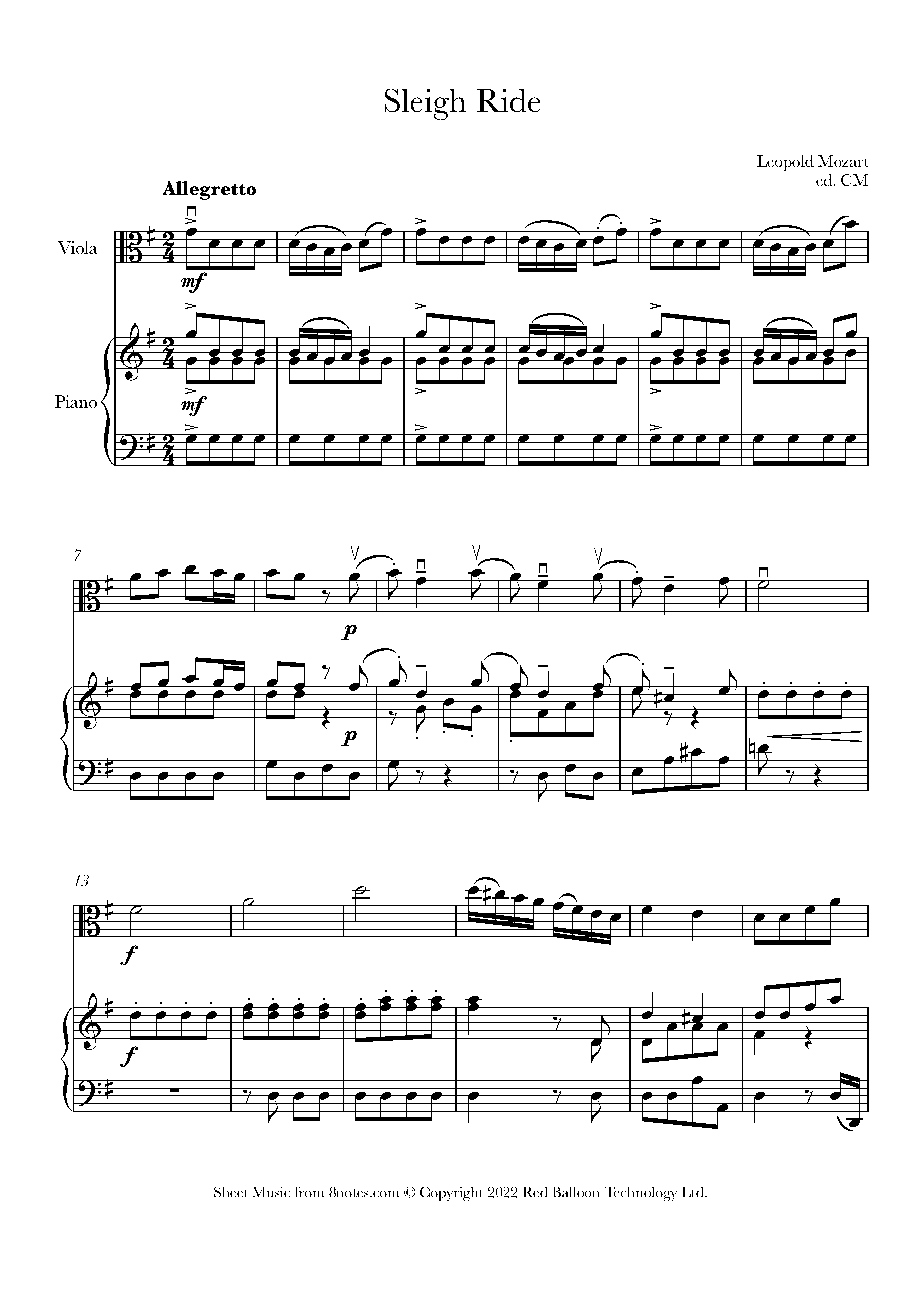 Mozart - Sleigh Ride Sheet music for Viola - 8notes.com