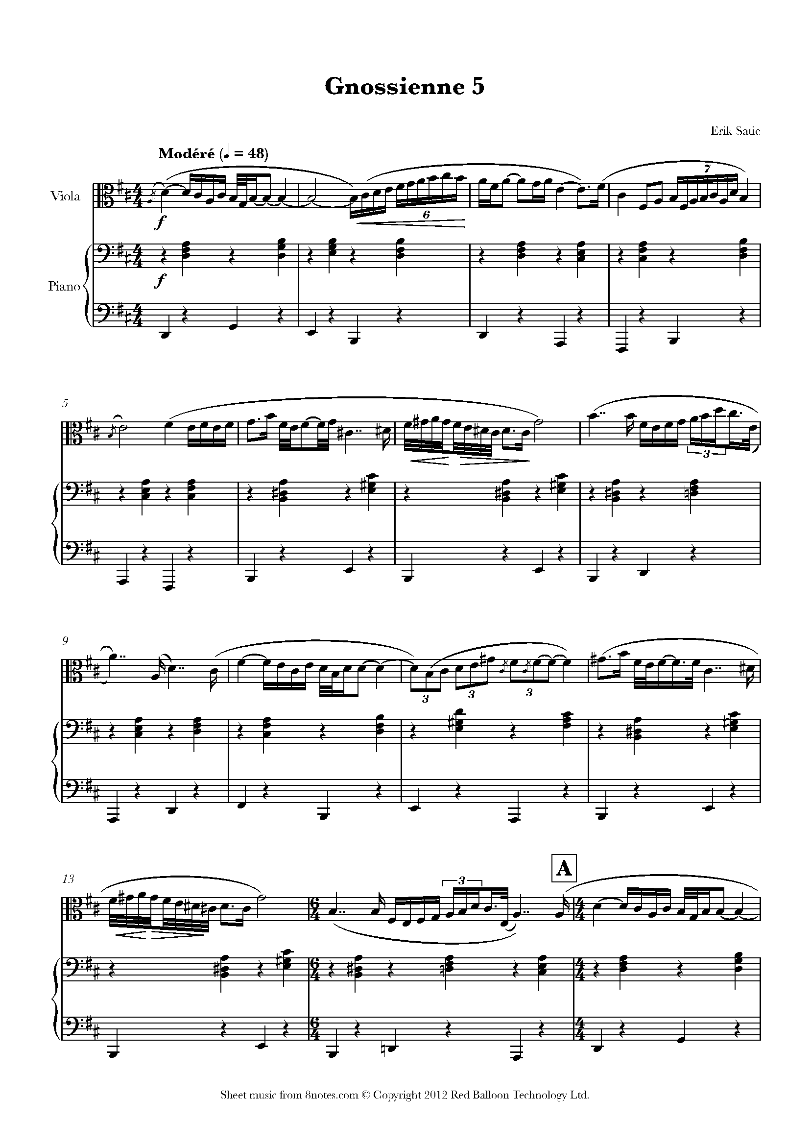 Satie, Erik - Gnossienne No. 5 Sheet music for Viola 