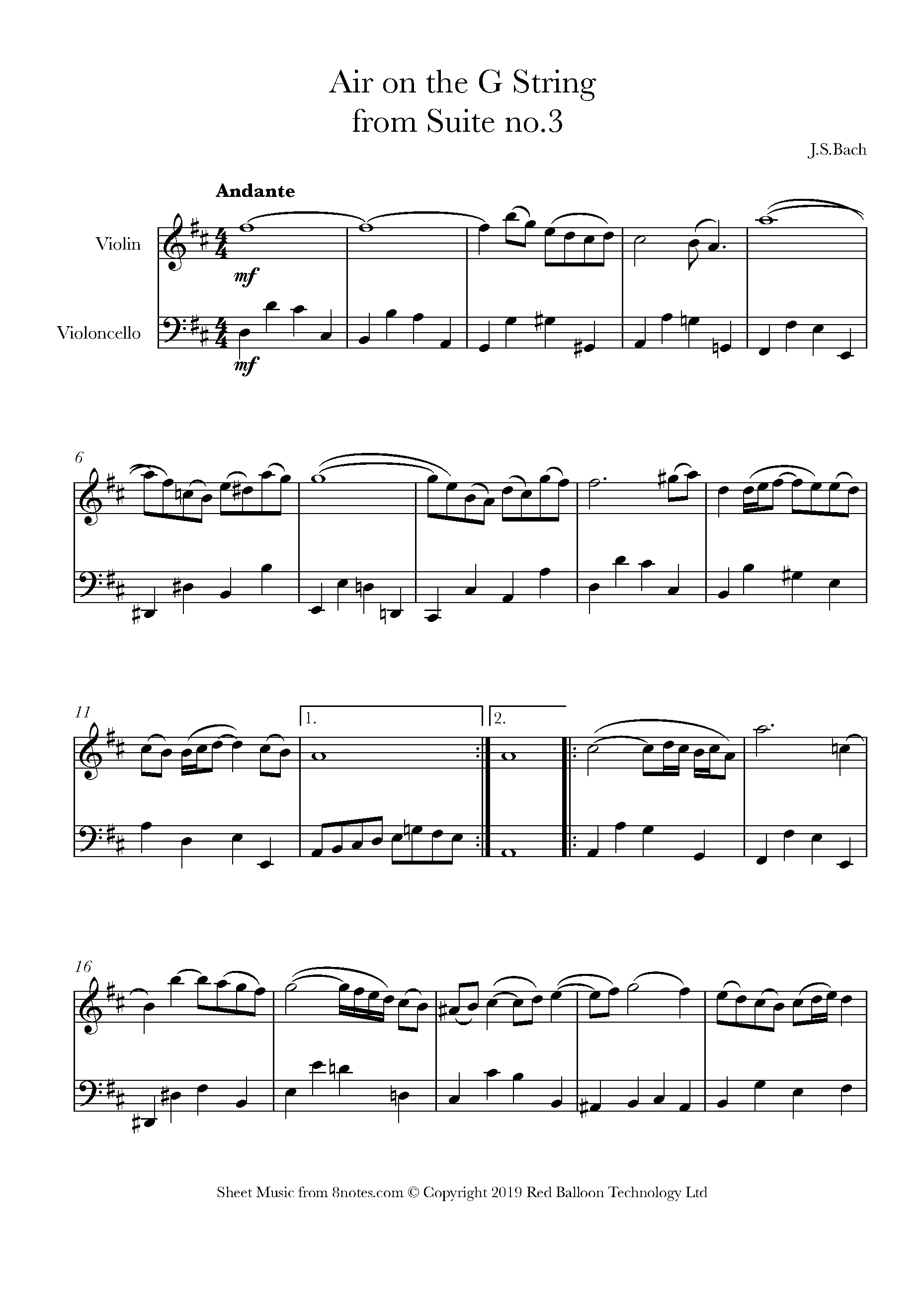 Bach - Air on the G string Sheet music for Violin-Cello Duet - 8notes.com