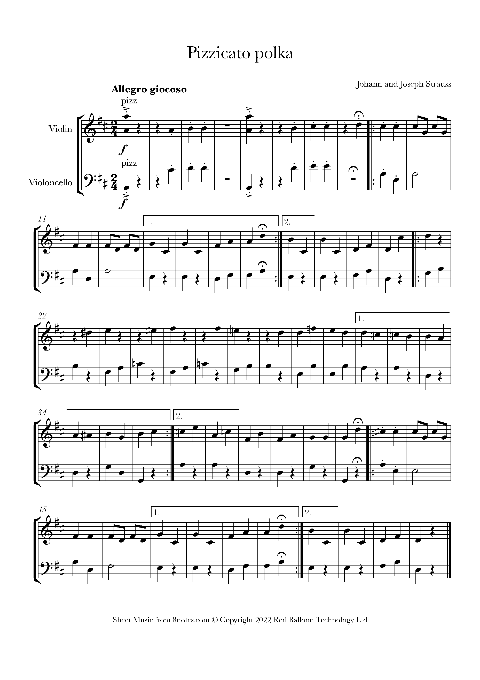 Strauss II - Pizzicato Polka Sheet music for Violin-Cello Duet - 8notes.com