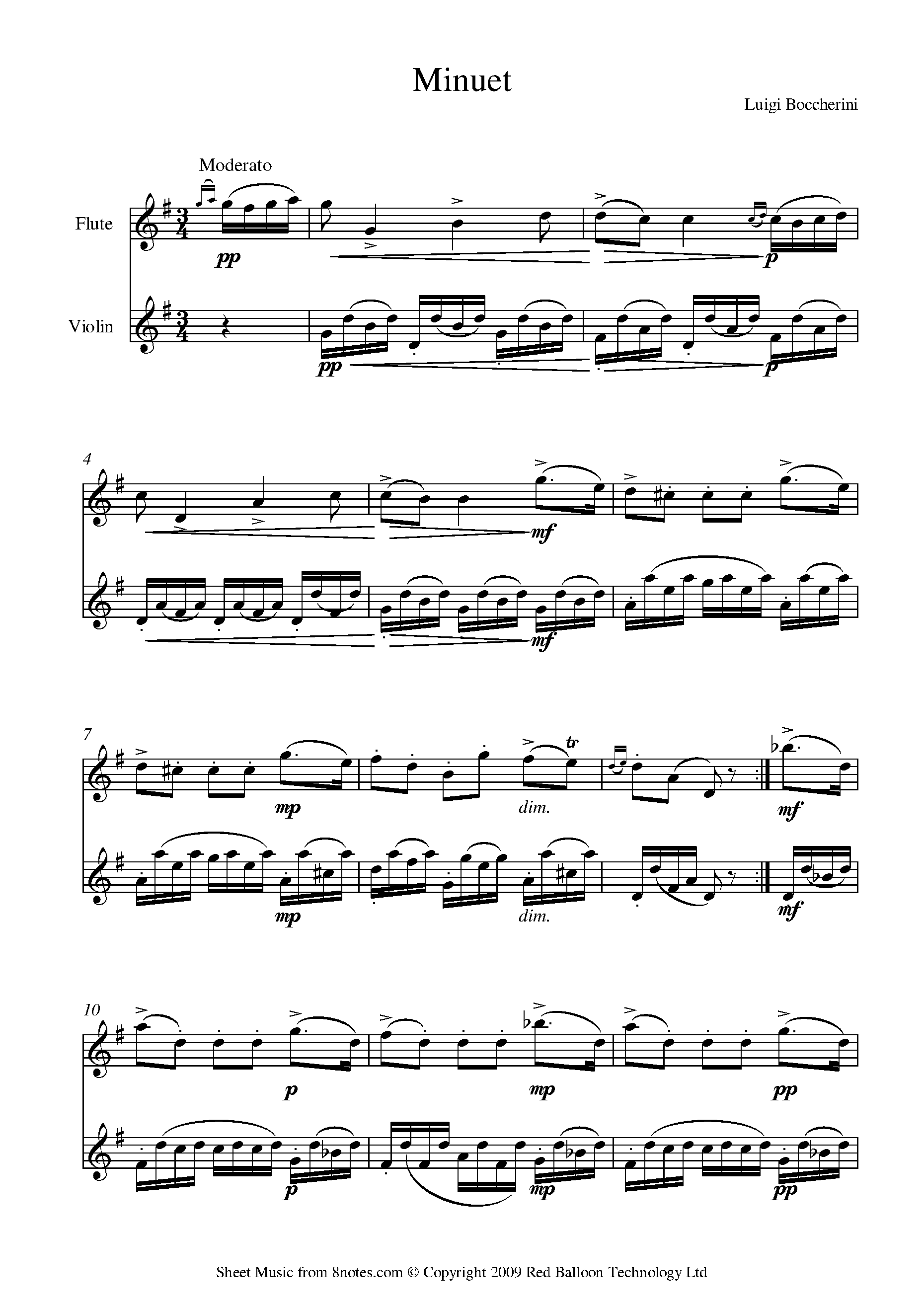 Boccherini - Minuet and Trio Sheet music for Violin-Flute Duet - 8notes.com