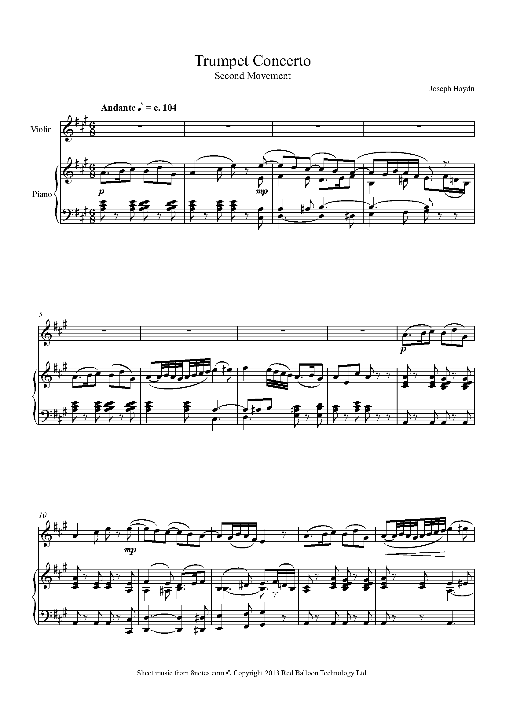 Haydn - Trumpet Concerto 2nd Mvt Theme Sheet Music For Violin - 8notes.com