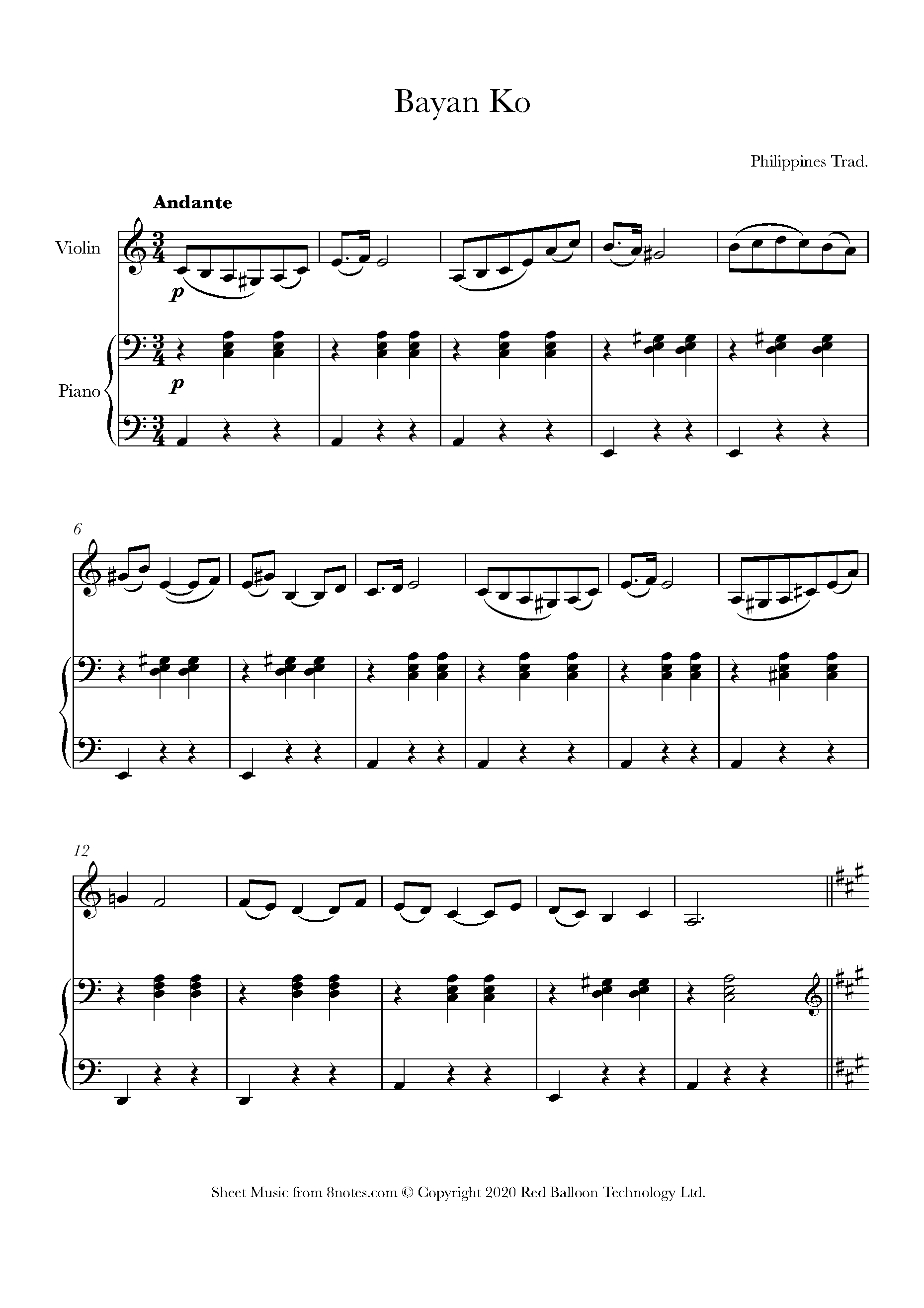 Bayan Ko Philippines Trad Sheet Music For Violin 8notes