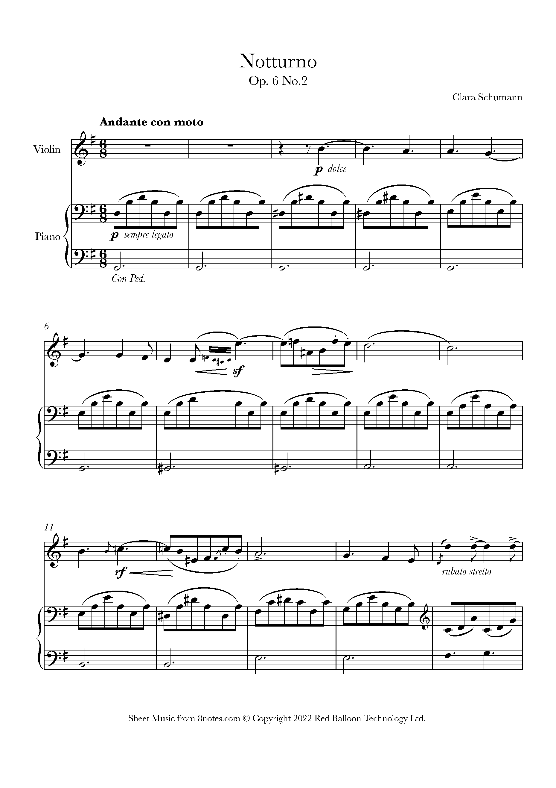 Schumann - Notturno Op.6 No.2 Sheet music for Violin - 8notes.com