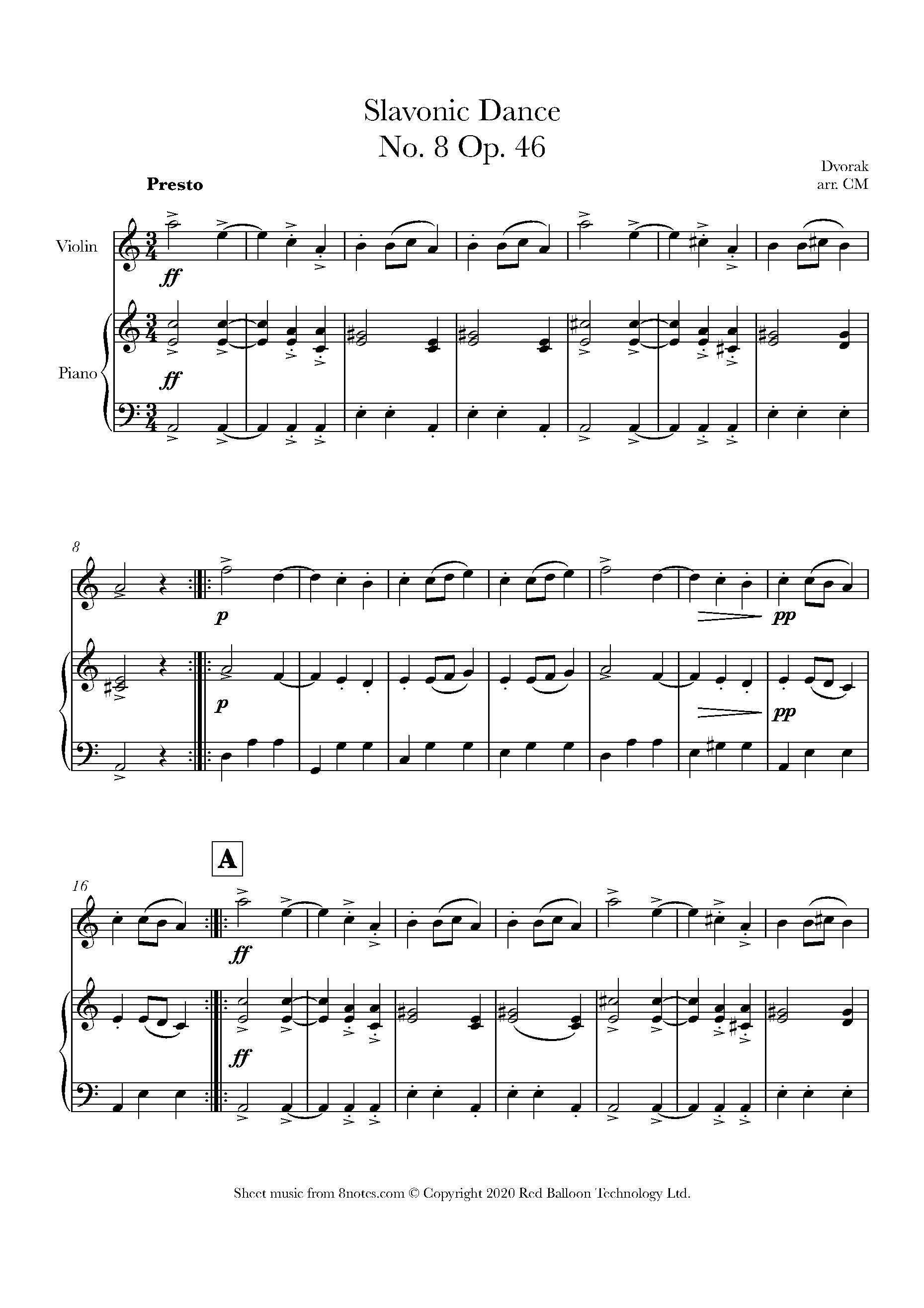 ﻿Dvořák - Slavonic Dance No. 8 Op. 46 Sheet music for Violin - 8notes.com