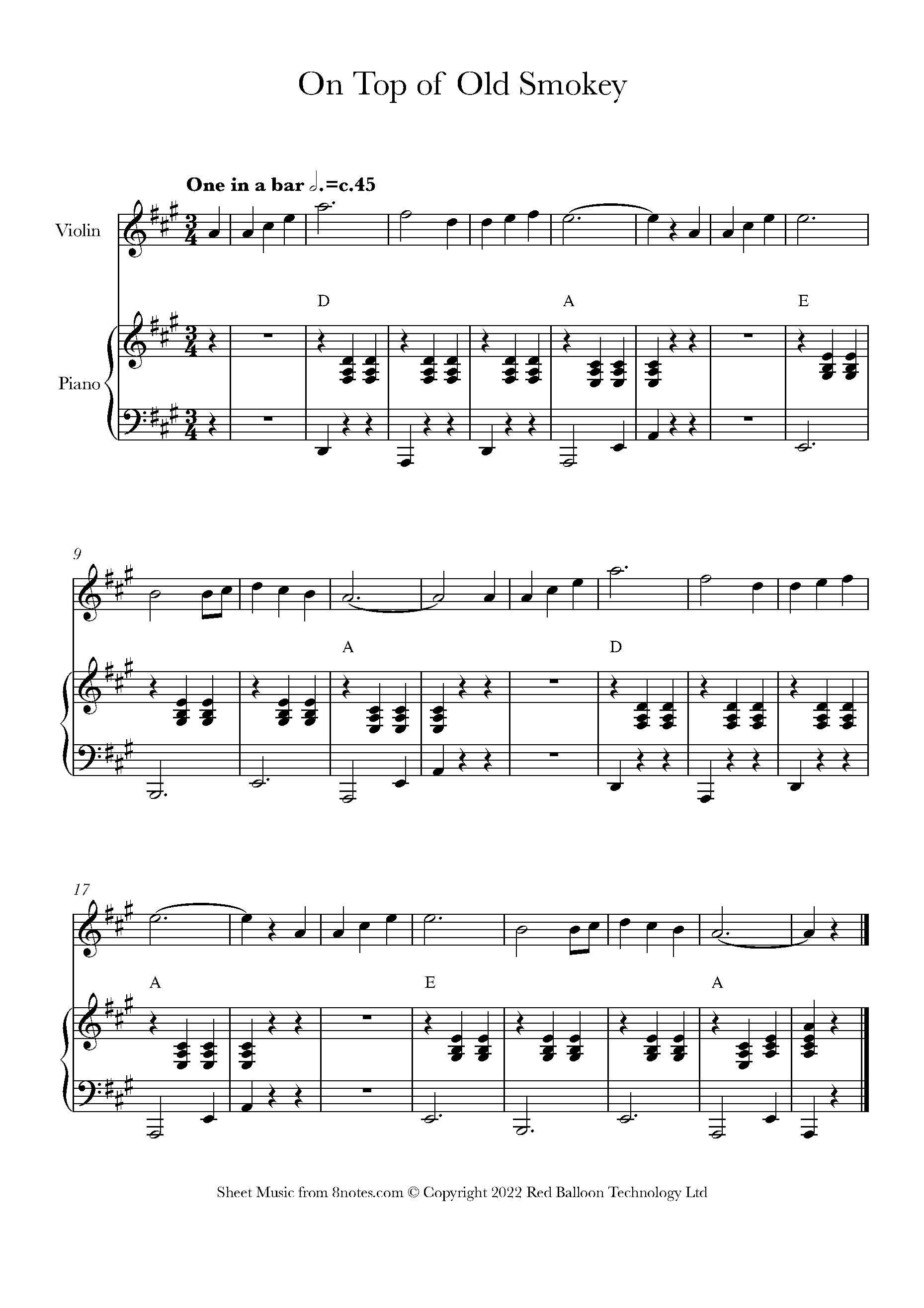 On Top of Old Smoky Sheet music for Violin - 8notes.com