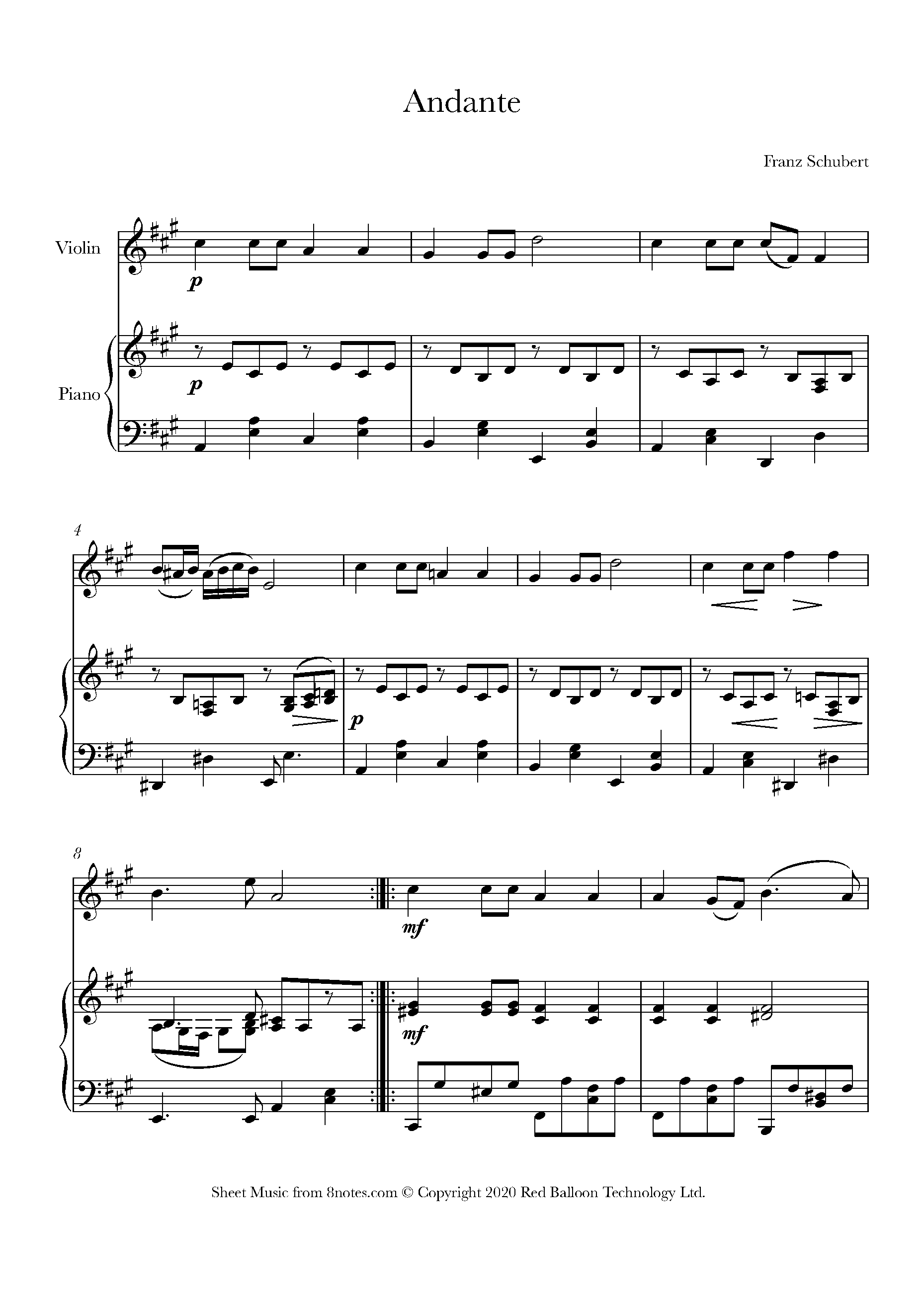 Schubert - Andante Sheet Music For Violin - 8notes.com