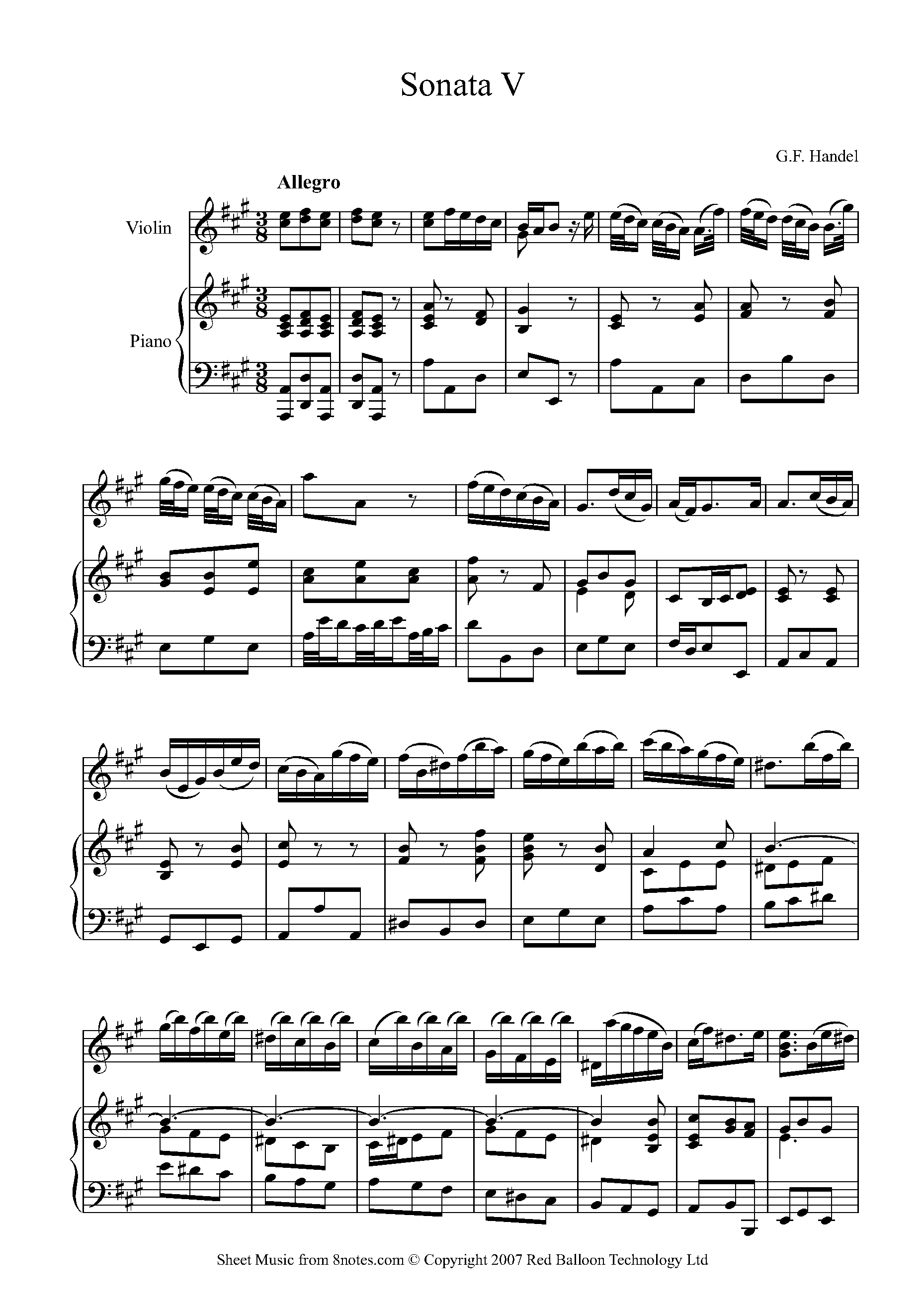 Handel - Sonata V 4th mvt Allegro Sheet music for Violin - 8notes.com