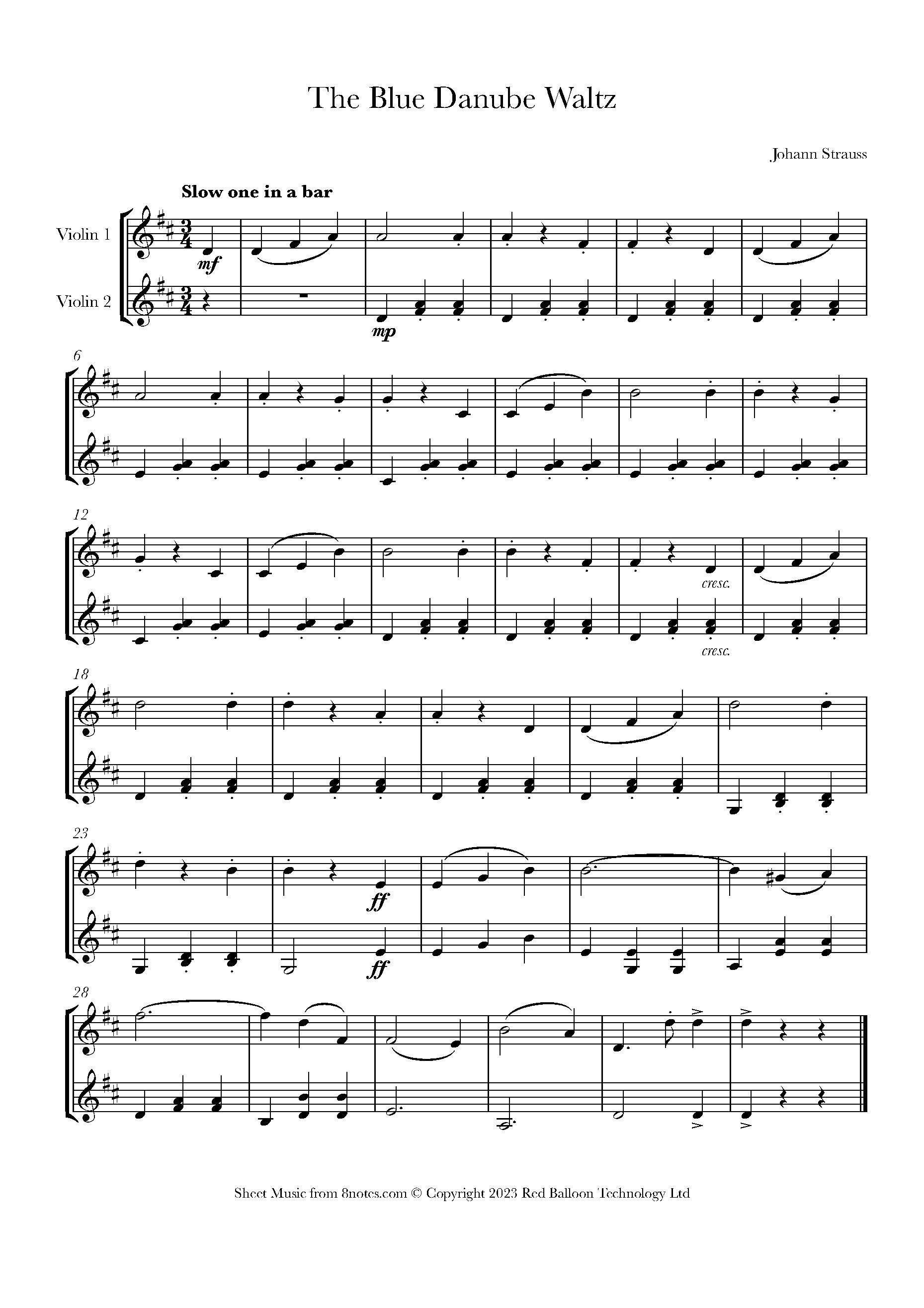 Strauss II - Blue Danube Waltz Sheet music for Violin Duet - 8notes.com