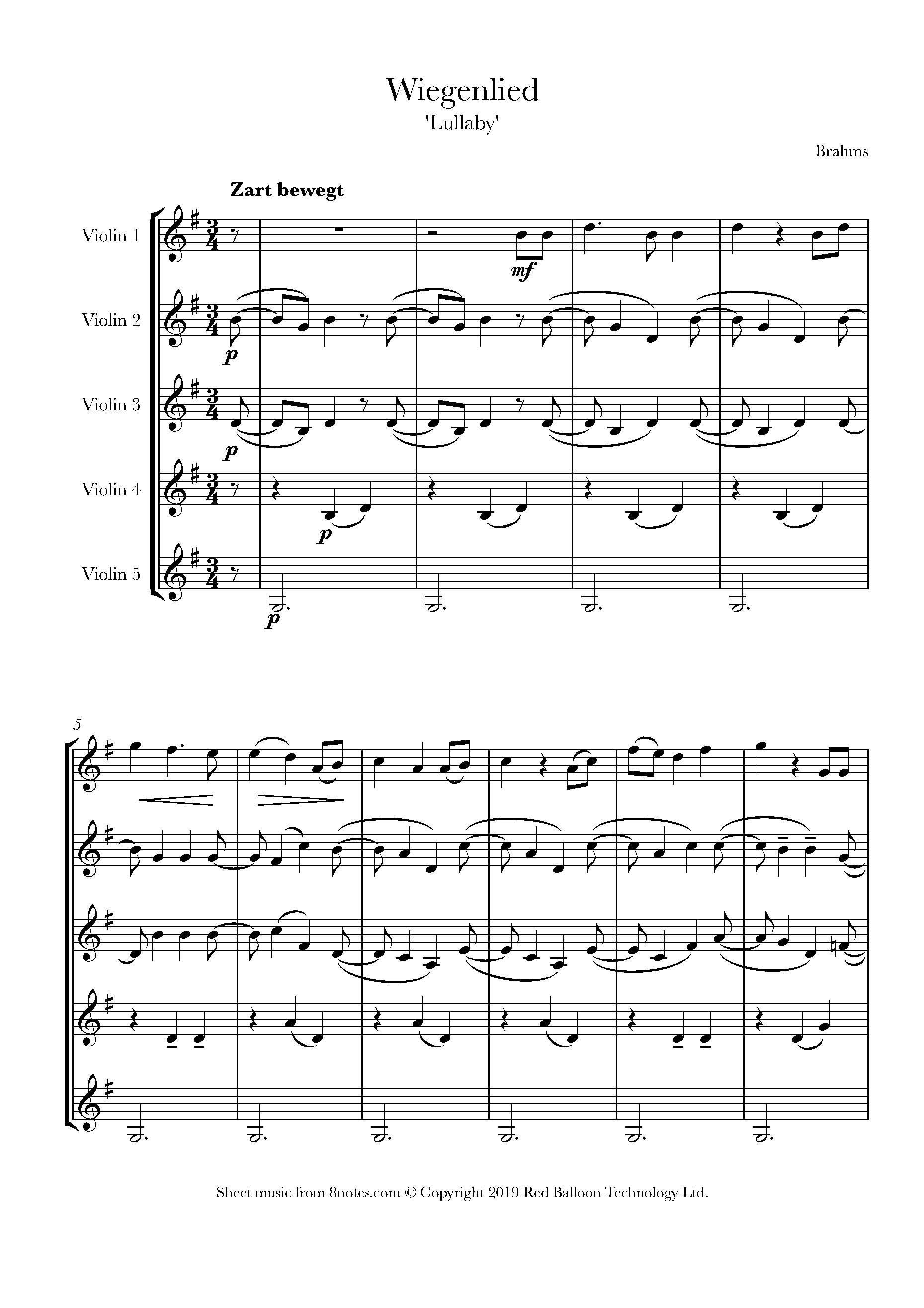 Brahms - Lullaby (Wiegenlied) Sheet Music For Violin Ensemble - 8notes.com