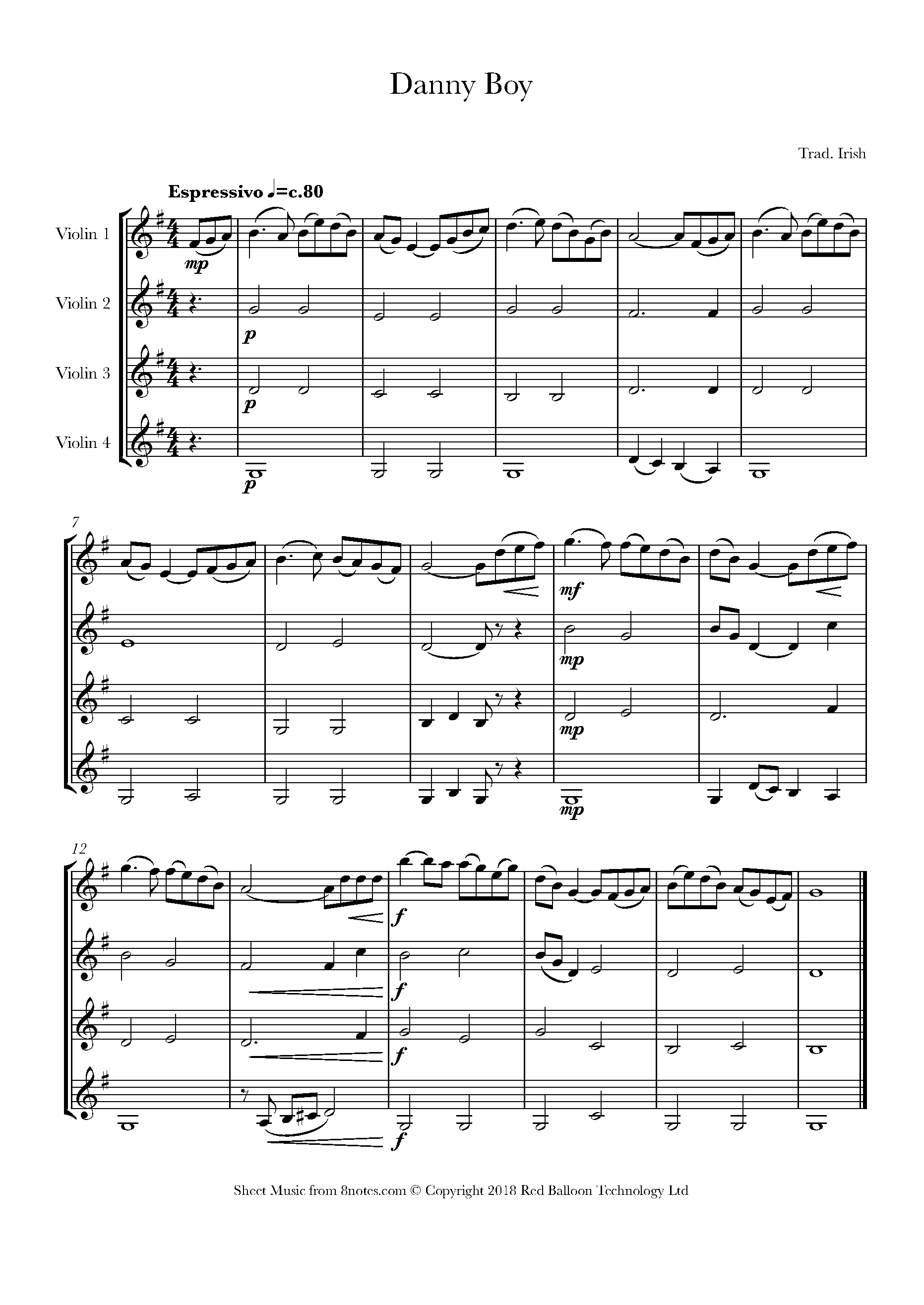 Danny Boy (Londonderry Air) Sheet music for Violin Quartet - 8notes.com