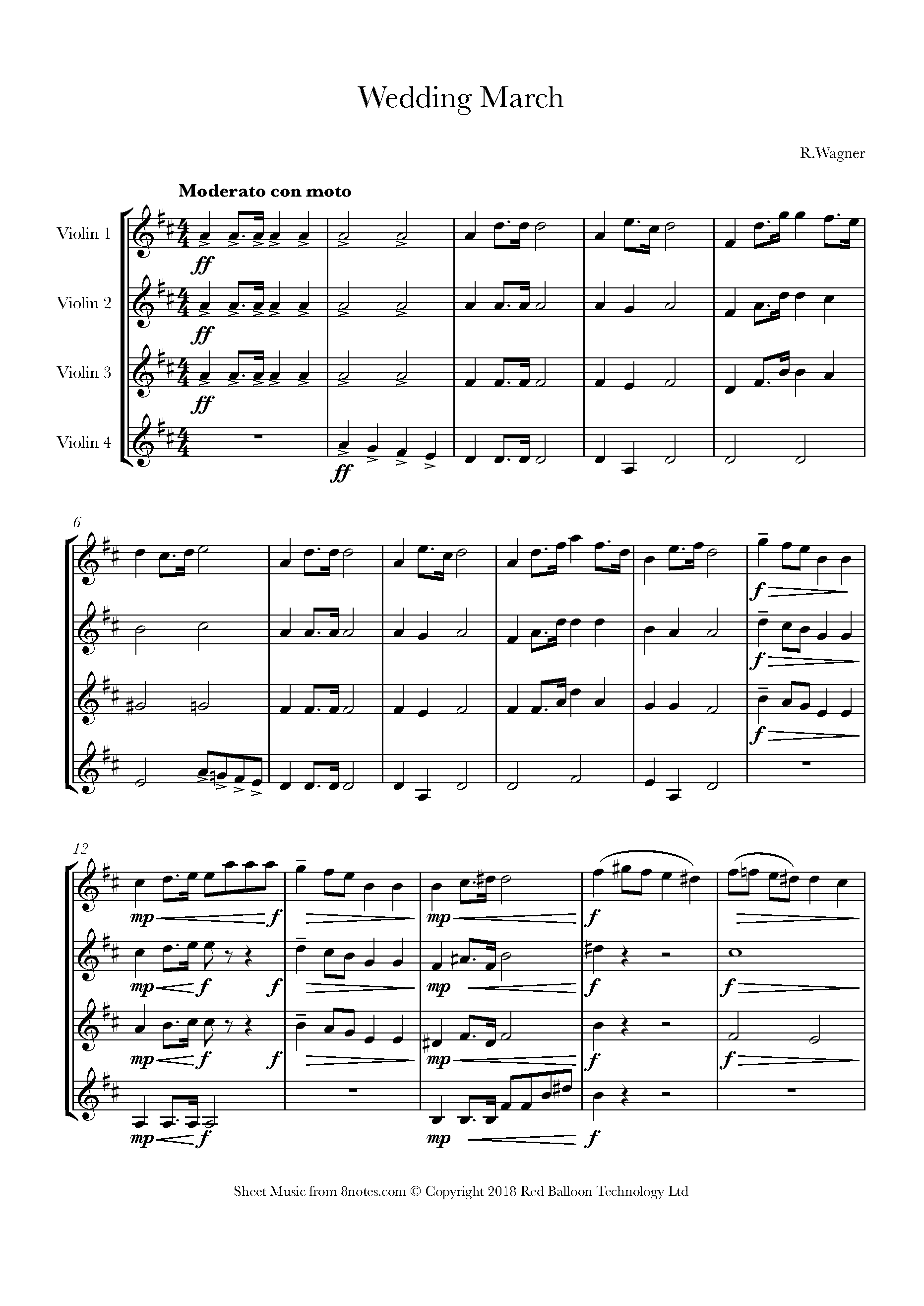 Wagner - Wedding March Sheet music for Violin Quartet - 8notes.com