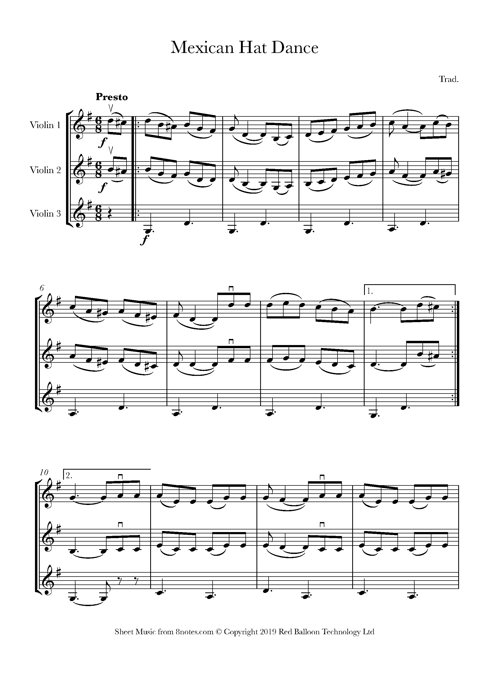 Mexican Hat Dance (Mexico) Sheet music for Violin Trio - 8notes.com