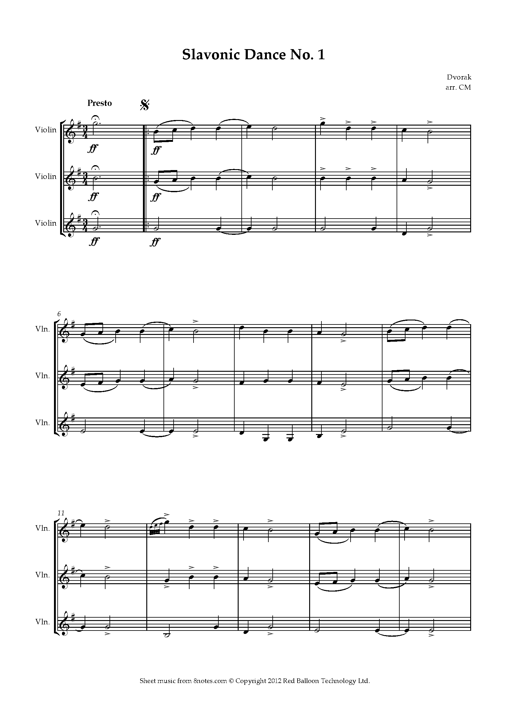 ﻿Dvořák - Slavonic Dance No. 1 Sheet music for Violin Trio - 8notes.com