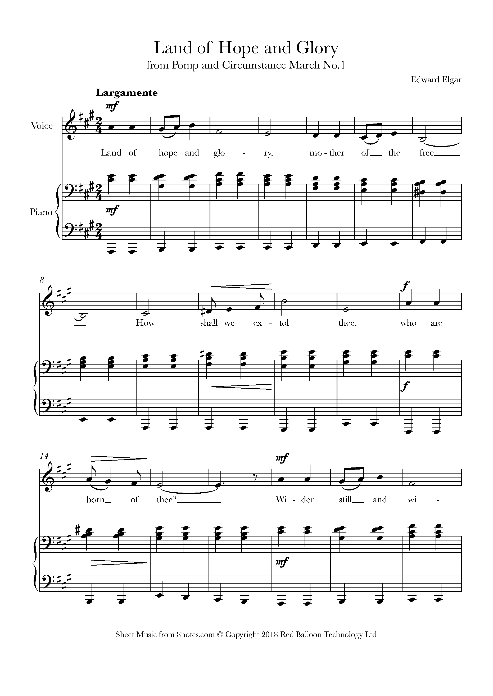 Elgar - Land of Hope and Glory (Pomp and Circumstance March No.1) Sheet ...