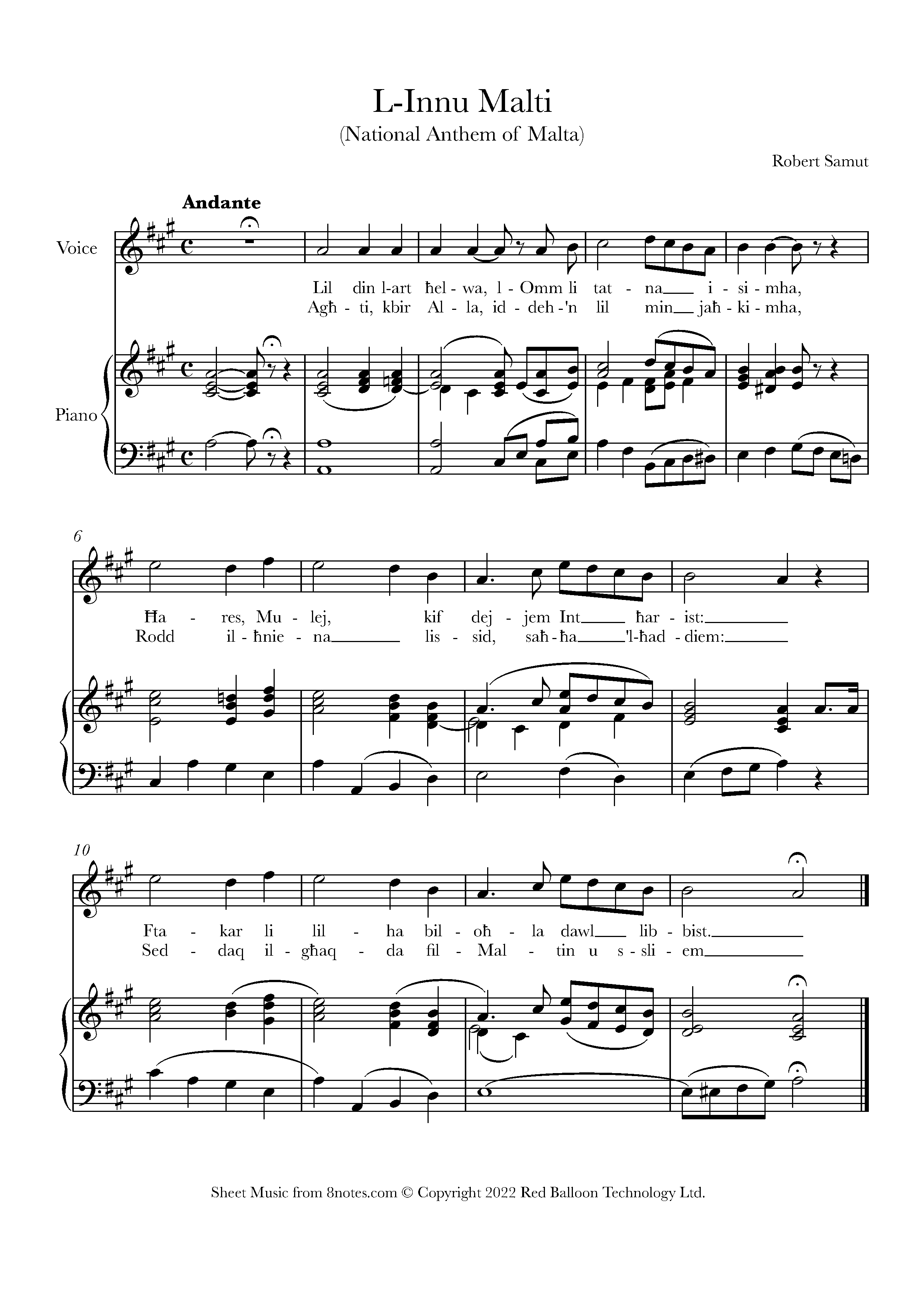 L-Innu Malti (National Anthem of Malta) for Voice - Free Sheet music for  Voice | 8notes.com