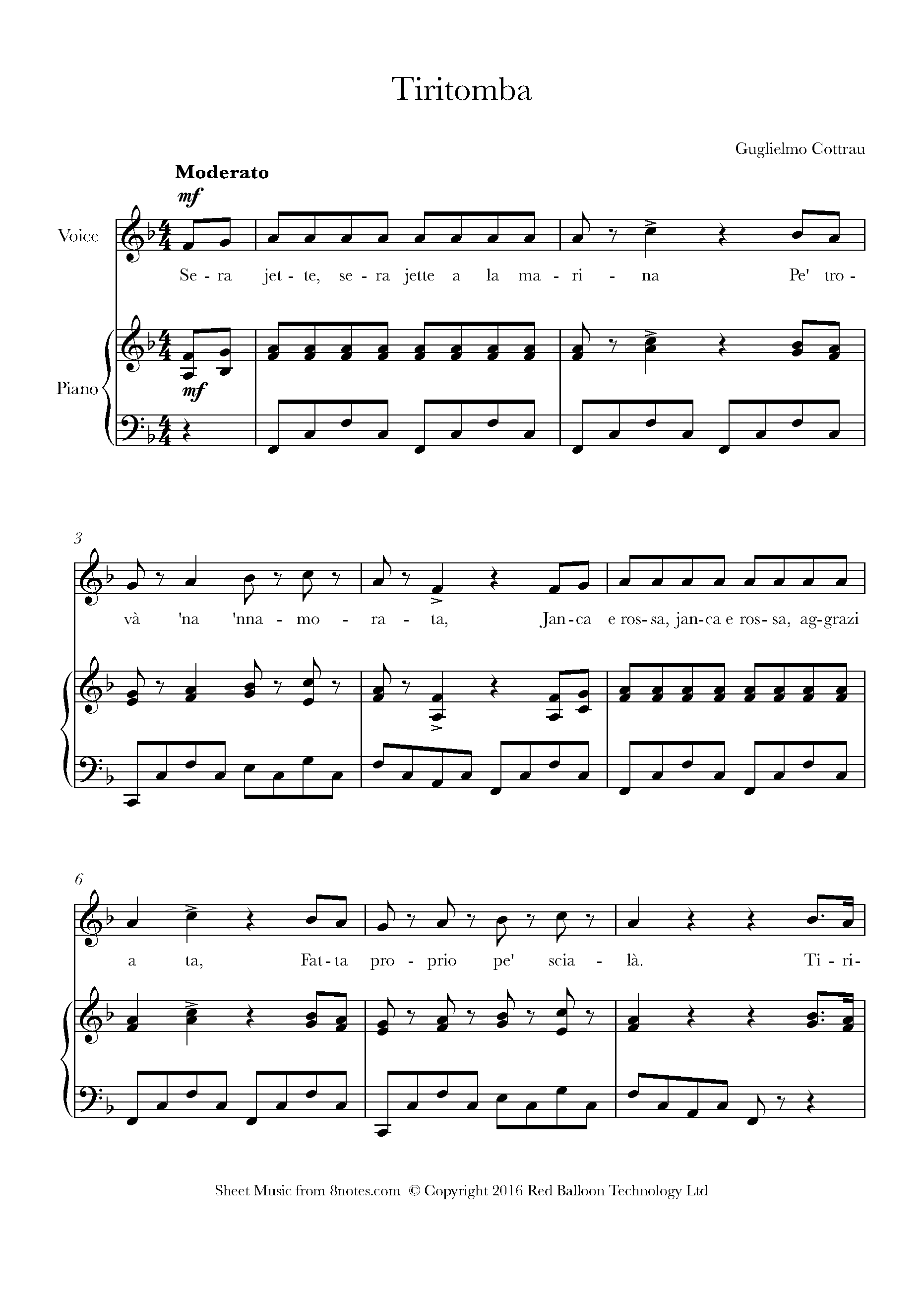 Teodoro Cottrau - Tiritomba Sheet Music For Voice - 8notes.com