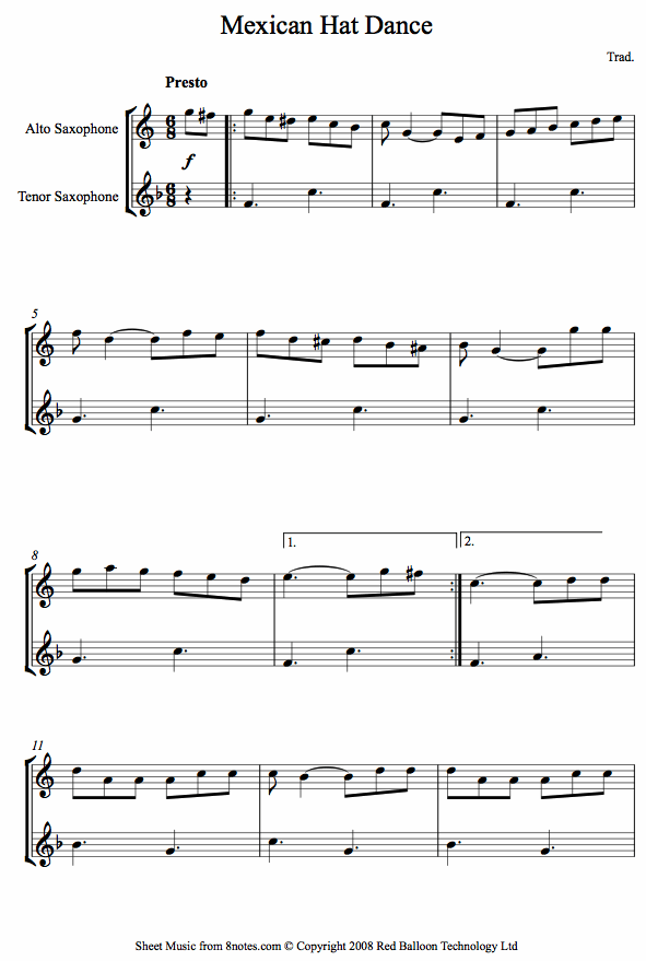 Mexican Hat Dance (Mexico) sheet music for Alto-Tenor-Sax Duet - 8notes.com