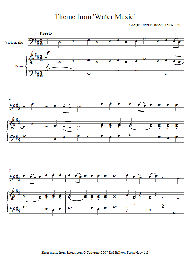 Handel - Theme from Water Music sheet music for Cello - 8notes.com