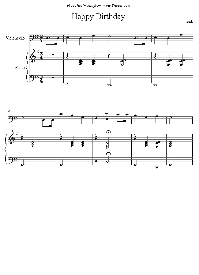 Happy Birthday sheet music for Cello - 8notes.com