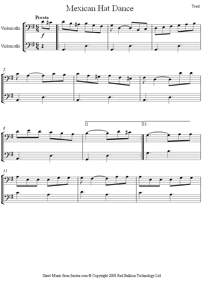 Mexican Hat Dance sheet music for Cello Duet - 8notes.com