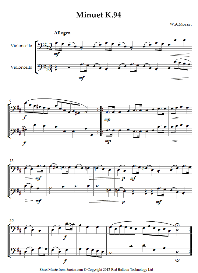 Mozart - Minuet K.94 sheet music for Cello Duet - 8notes.com