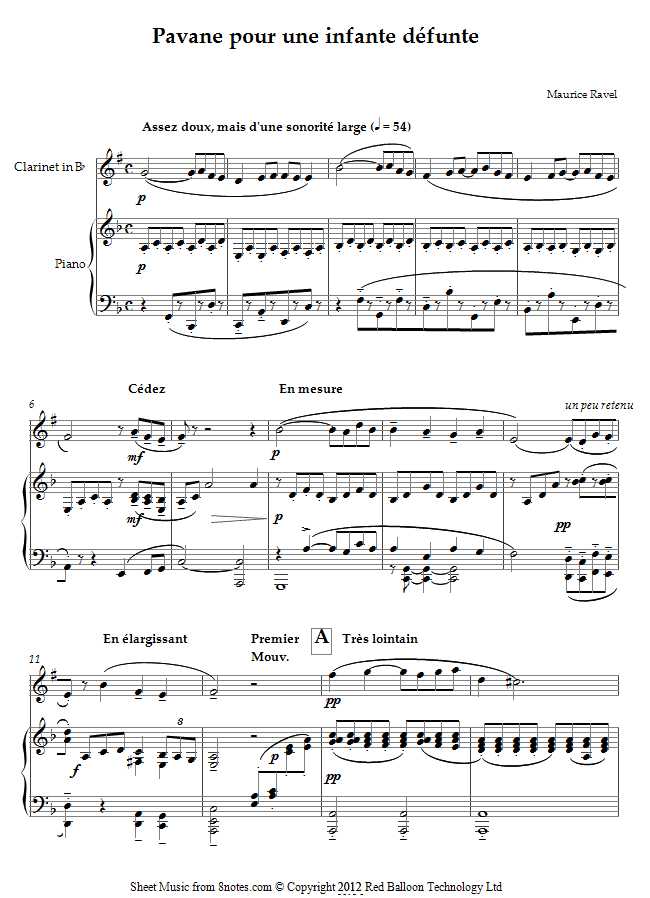 Ravel - Pavane pour une infante defunte sheet music for Clarinet ...