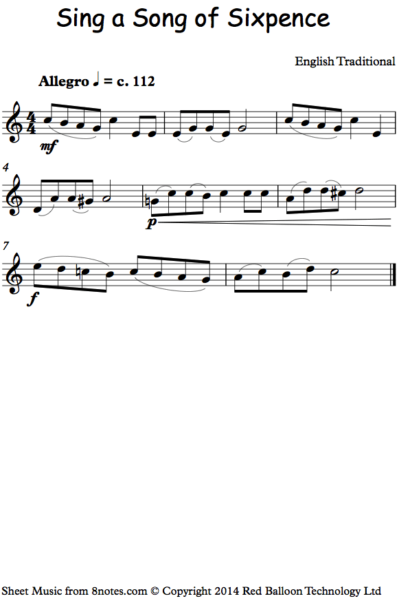 Sing a Song of Sixpence sheet music for Clarinet - 8notes.com