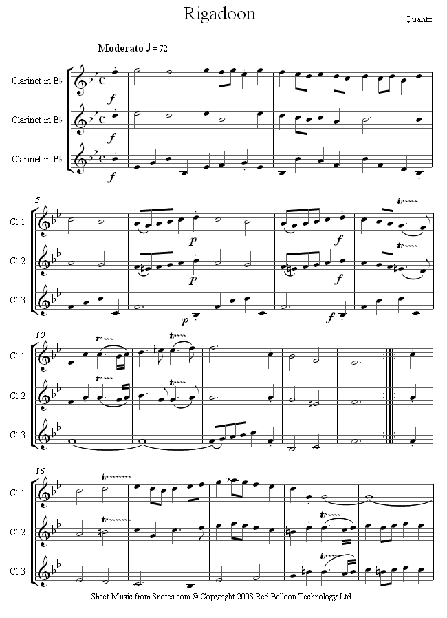 Quantz - Rigadoon sheet music for Clarinet Trio - 8notes.com