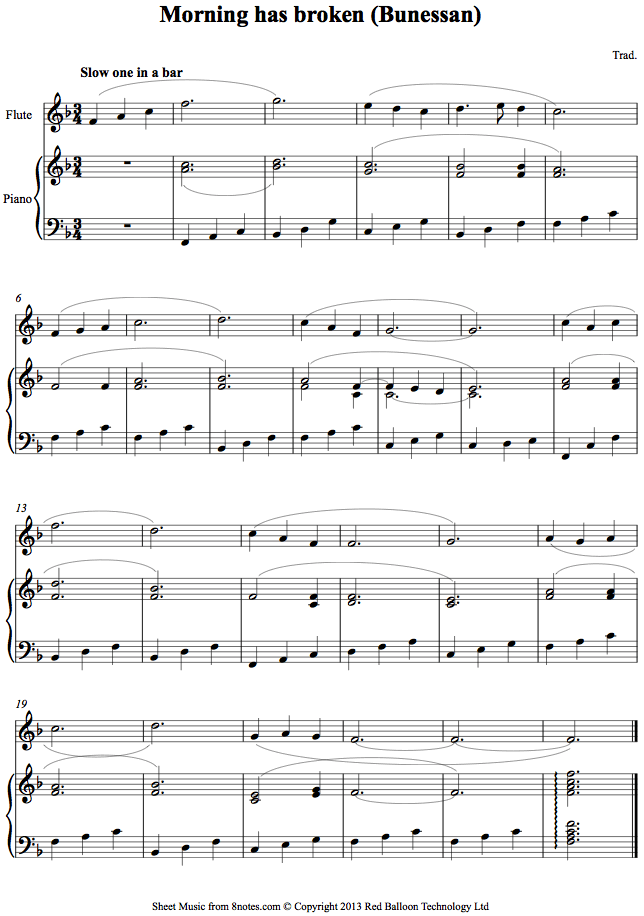 Morning has Broken (Bunessan) sheet music for Flute - 8notes.com