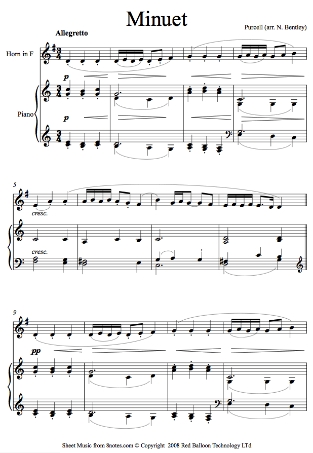 Purcell - Minuet sheet music for French Horn - 8notes.com