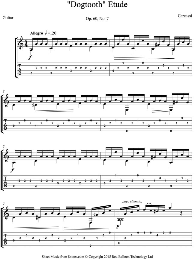 Carcassi - 'Dogtooth' Etude Op. 60, No. 7 sheet music for Guitar ...