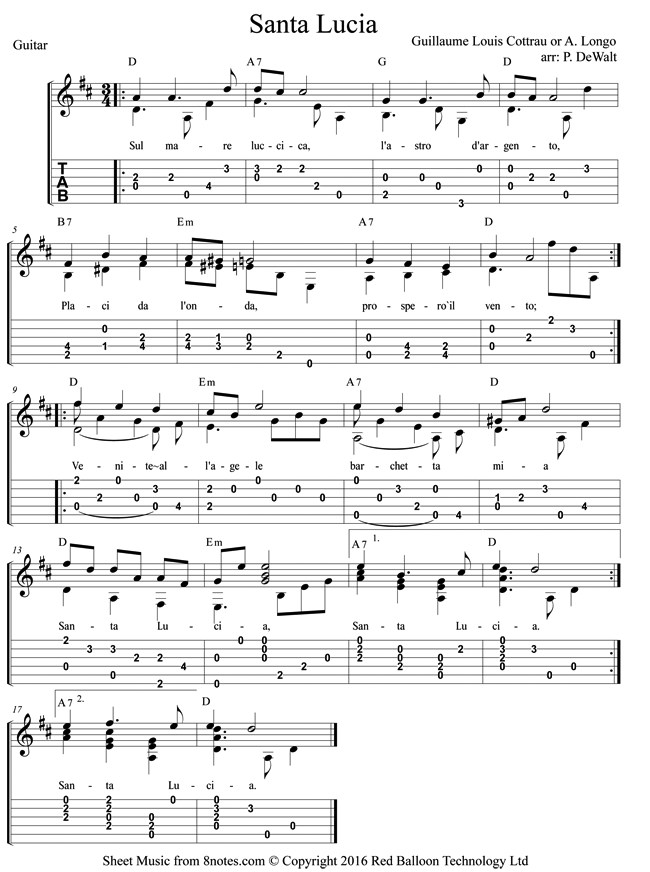 Santa Lucia Sheet Music For Guitar - 8notes.com