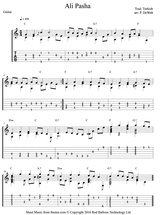 Ali Pasha (Ali Pasa) Turkish Folk Song sheet music for Guitar - 8notes.com