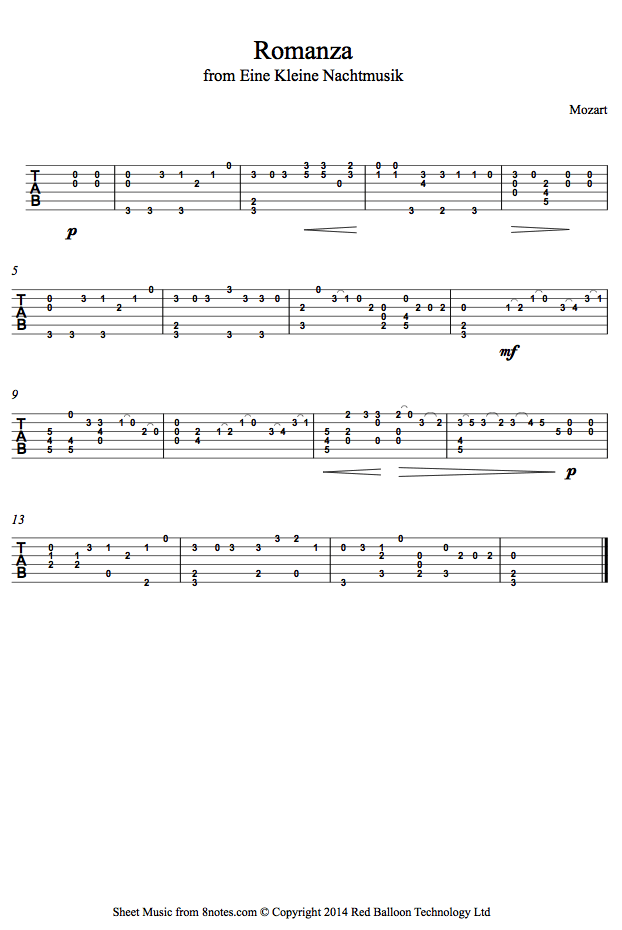 Mozart - Eine Kleine Nachtmusik mvt 2 (Romance) Guitar Tab - 8notes.com