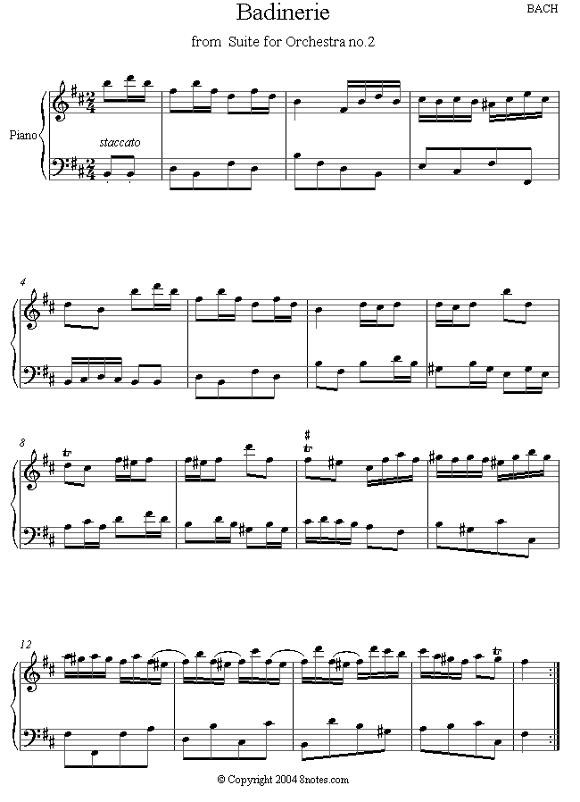 Bach - Badinerie from French Suite No.2 sheet music for Piano - 8notes.com