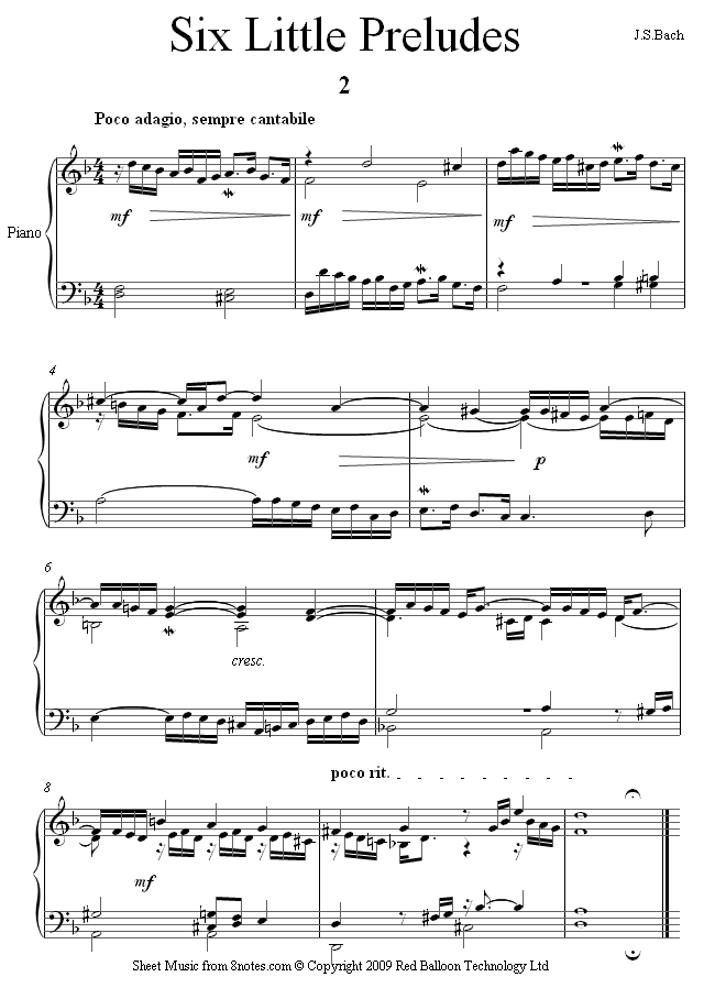 Bach - Six Little Preludes no.2 sheet music for Piano - 8notes.com