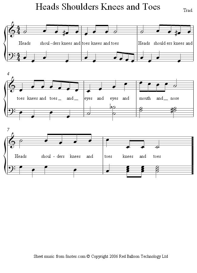 Heads, Shoulders Knees and Toes sheet music for Piano - 8notes.com