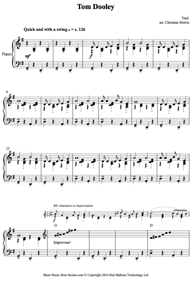 Tom Dooley sheet music for Piano - 8notes.com