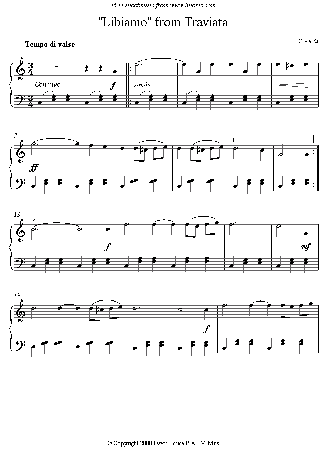 Verdi - Libiamo from La Traviata sheet music for Piano - 8notes.com