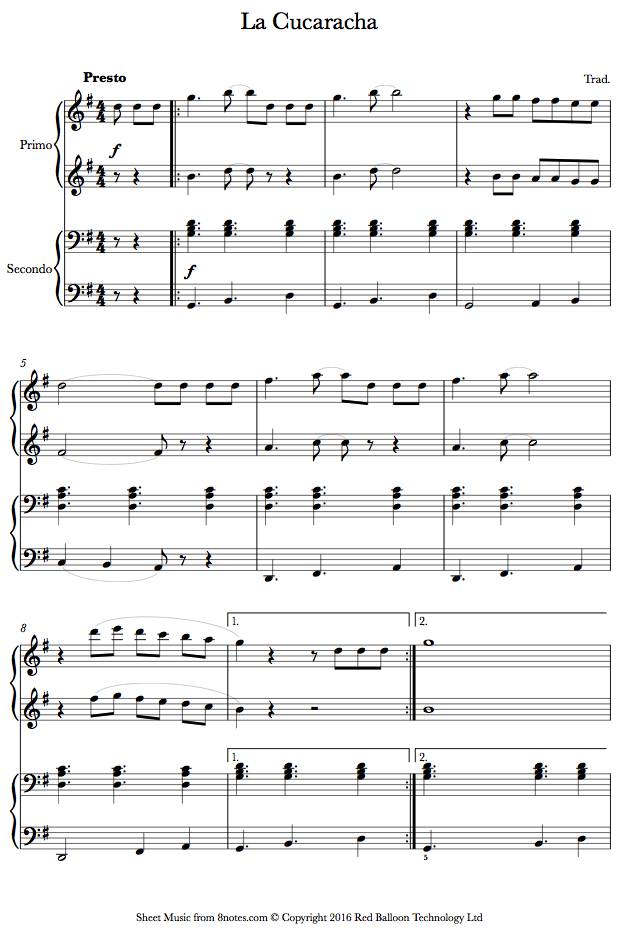 La Cucaracha (Mexico) sheet music for Piano Duet - 8notes.com