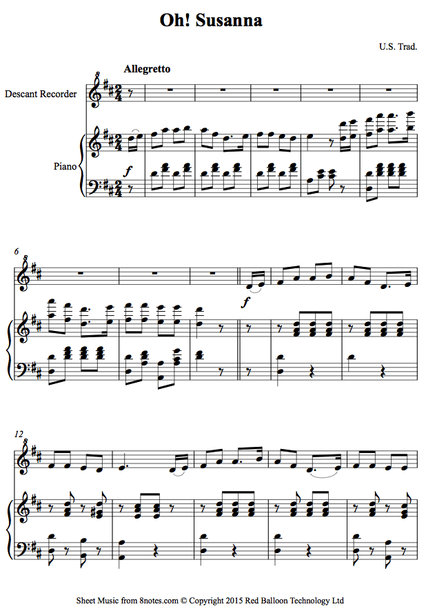 Stephen Foster - Oh Susanna sheet music for Recorder - 8notes.com