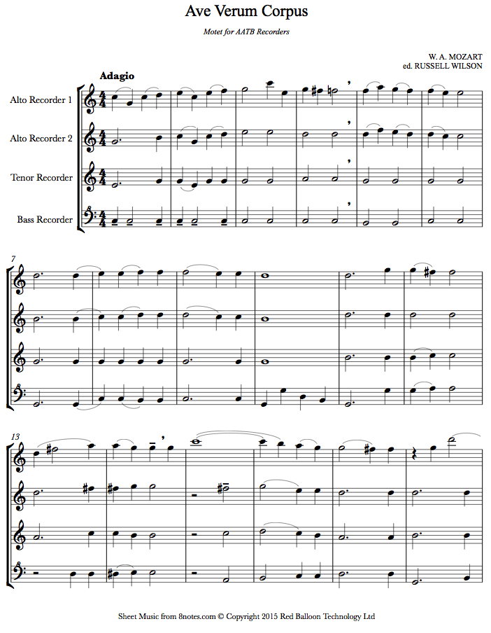 Mozart - Ave Verum Corpus sheet music for Recorder Quartet - 8notes.com