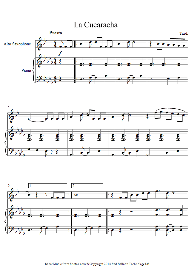 La Cucaracha (Mexico) sheet music for Saxophone - 8notes.com