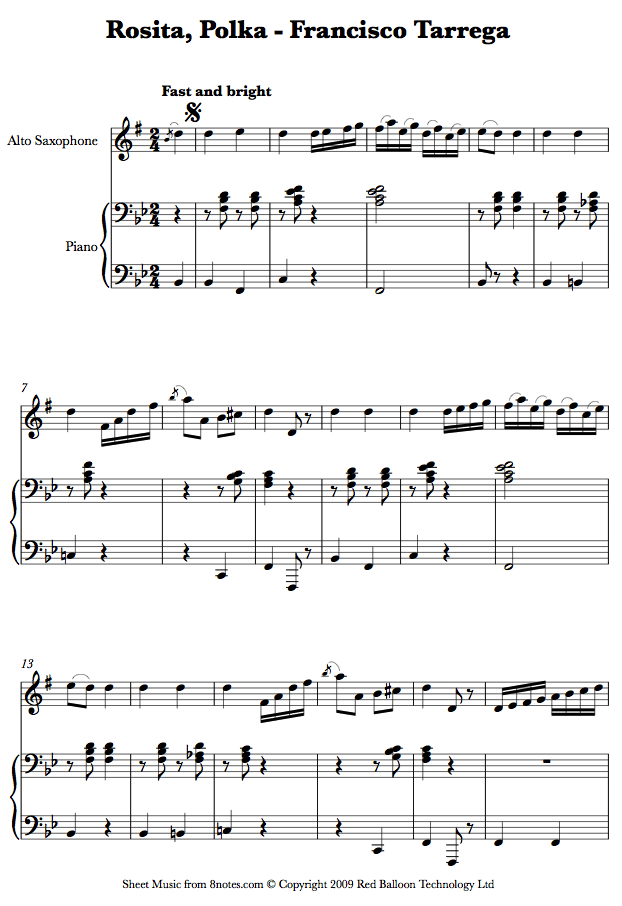 ﻿tárrega Rosita Polka Sheet Music For Saxophone