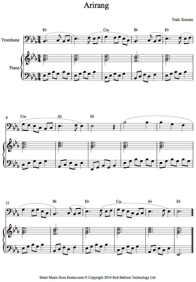 Arirang (traditional Korean) sheet music for Trombone - 8notes.com