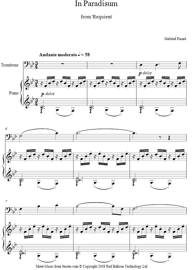 ﻿Fauré - In Paradisum from Reqiuem sheet music for Trombone - 8notes.com