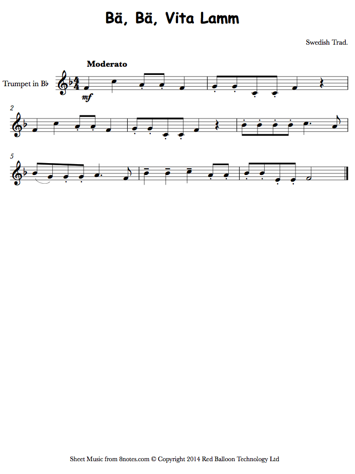 Ba, Ba, Vita Lamm (Swedish Trad.) sheet music for Trumpet - 8notes.com