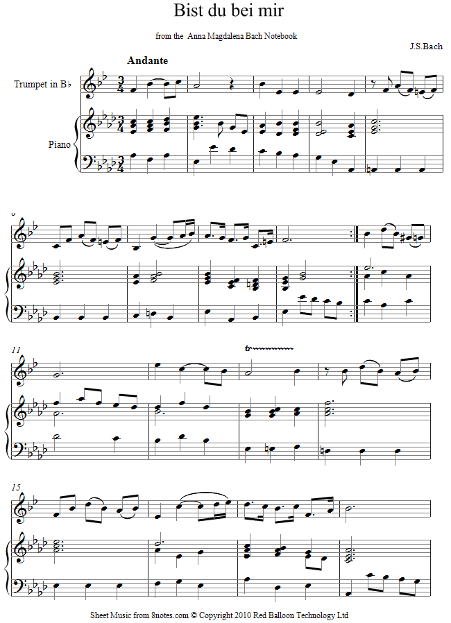 Bach - Bist du Bei Mir sheet music for Trumpet - 8notes.com