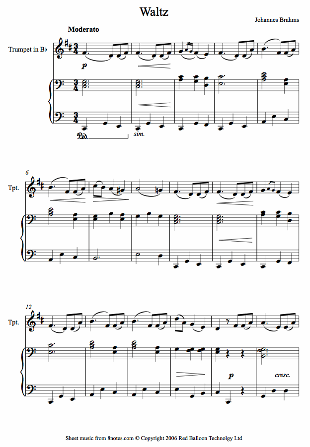 Brahms - Waltz sheet music for Trumpet - 8notes.com